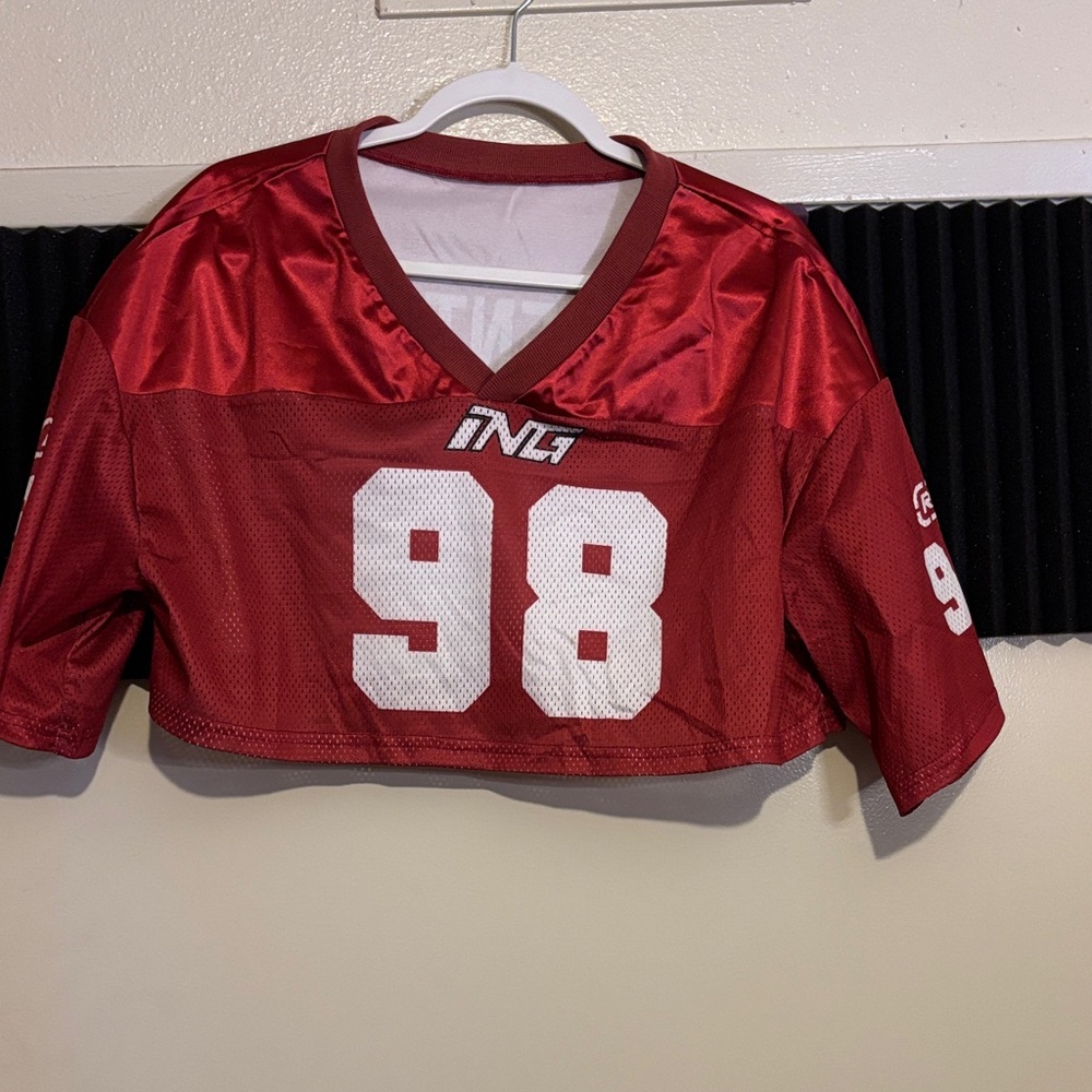 Red Cropped Football Jersey with White Number 98